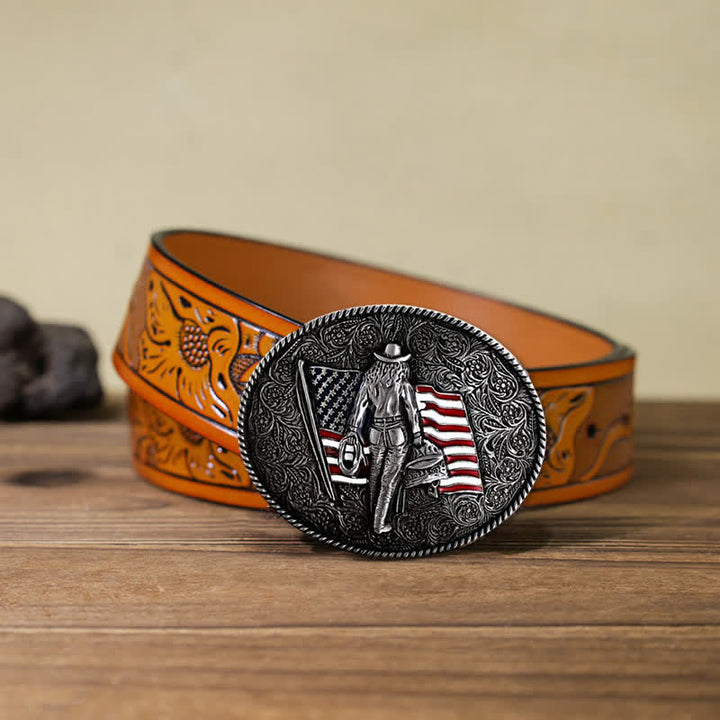 Men's DIY Cowboy American Flag Buckle Leather Belt