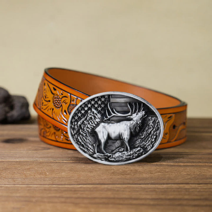 Men's DIY Elk Deer American Flag Buckle Leather Belt