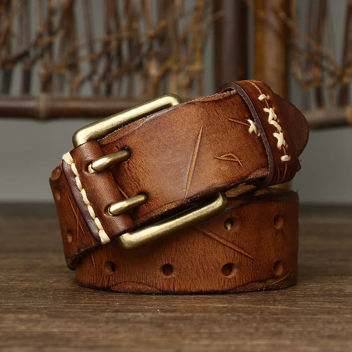 Men's Distressed Double Needle Buckle Leather Belt - Yellowish Brown - 44 - image 0