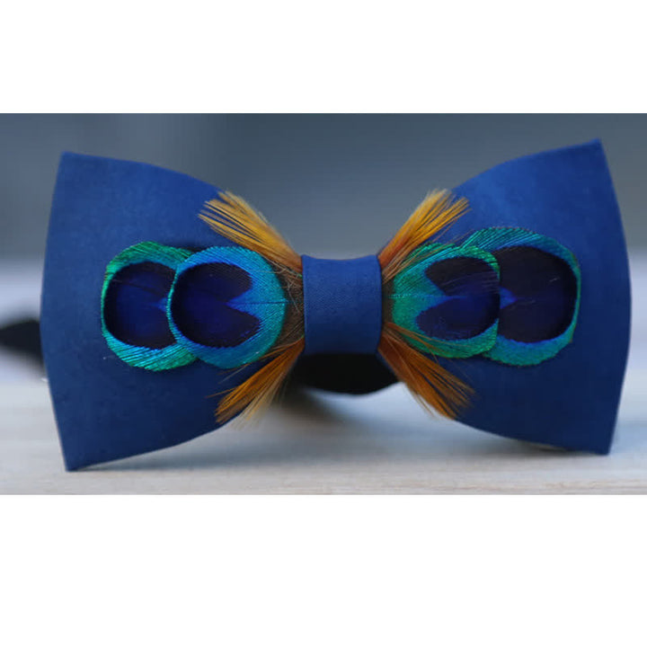 Navy Blue Peacock Tail Big Eye Feather Bow Tie