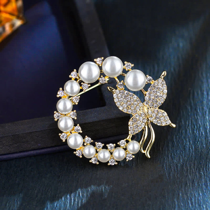 Women's Golden Butterfly Pearl Wreath Brooch