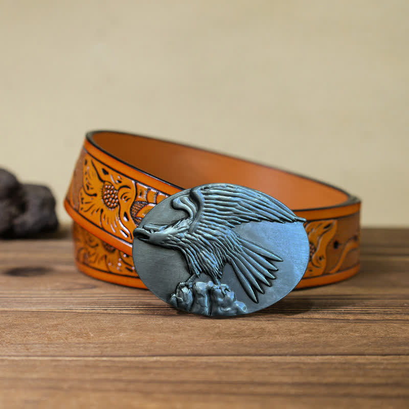 Men's DIY Eagle On Stone Buckle Leather Belt