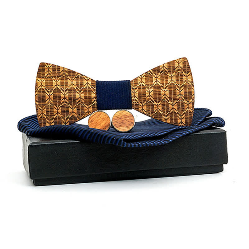 3Pcs Men's Carving Crown Wooden Bow Tie Set