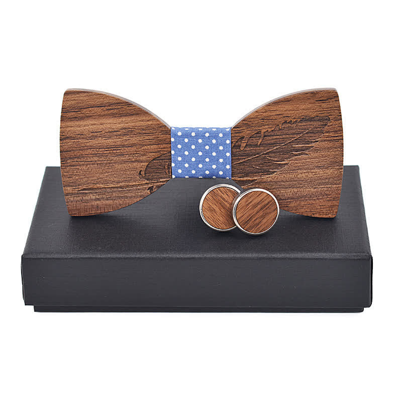 2Pcs Men's Feather Engraving Wooden Bow Tie Set