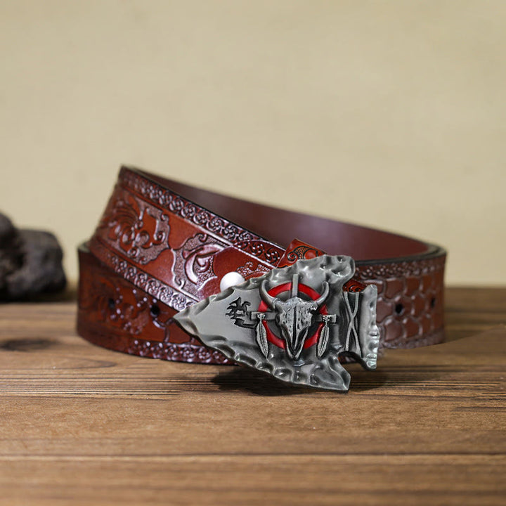 Men's DIY Arrowhead Shaped Bull Buckle Leather Belt