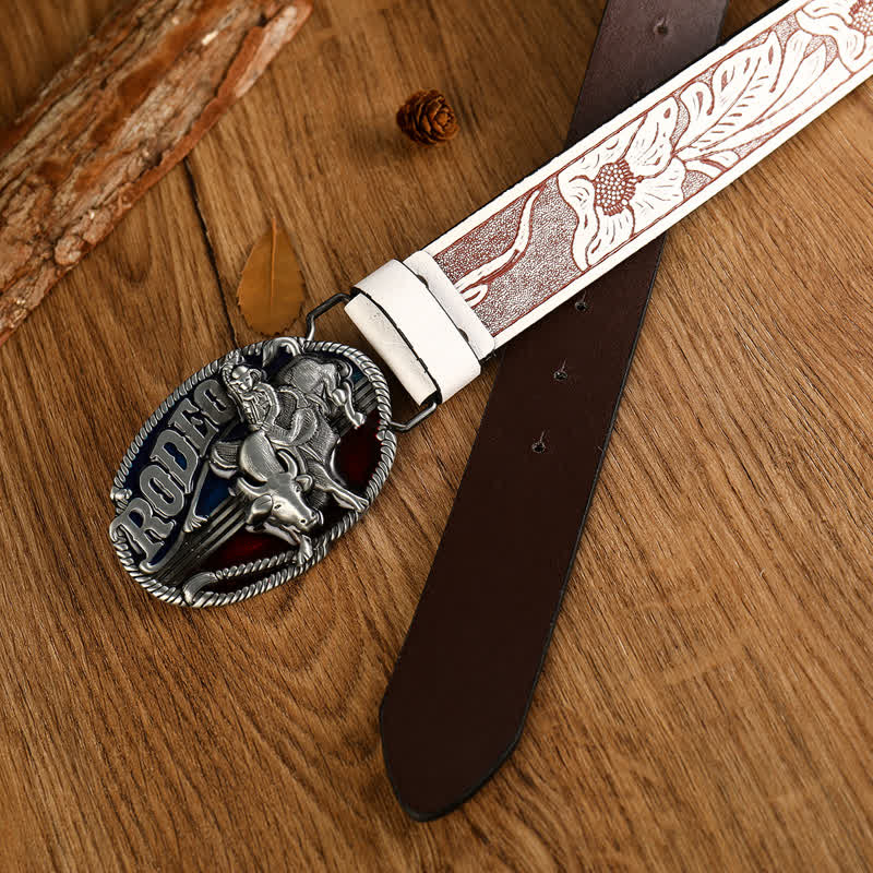 Men's Rodeo Bullfighting White Embossed Leather Belt