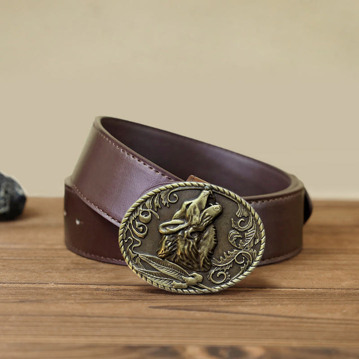 Men's DIY Howling Wolf Head Buckle Leather Belt