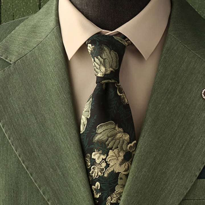 Men's Pine Forest Green Floral Necktie Pocket Square - Necktie - image 0