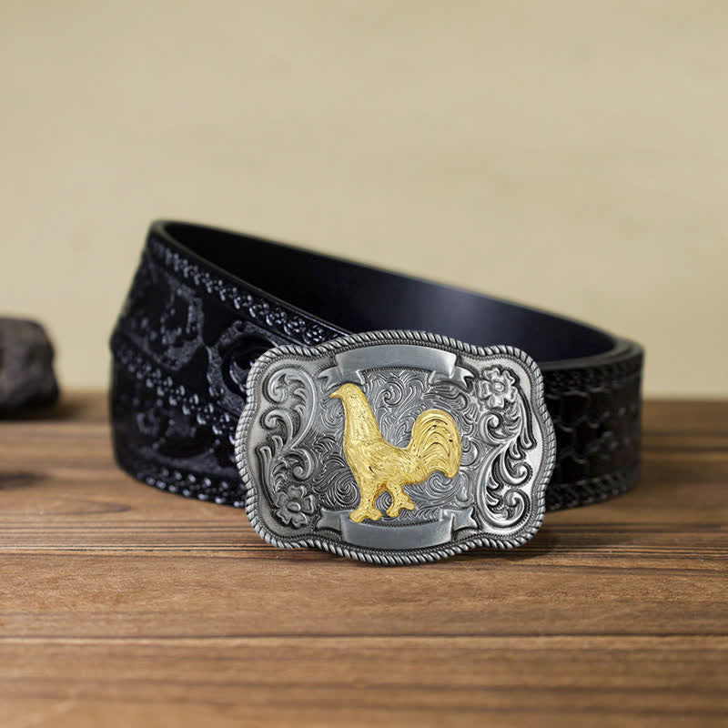 Men's DIY Gold Carving Animal Buckle Leather Belt - Cock - Black Carved Belt (40) - image 51
