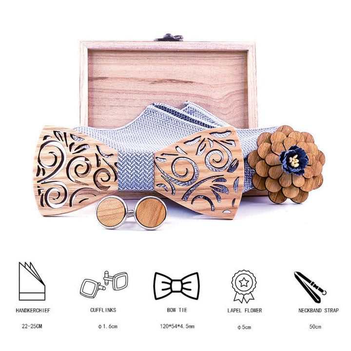 4Pcs Men's Hollow Leaf Design Wooden Bow Tie Set