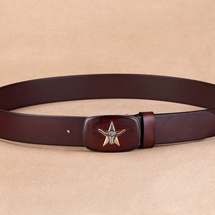 Men's Ox Head Star Plate Buckle Leather Belt