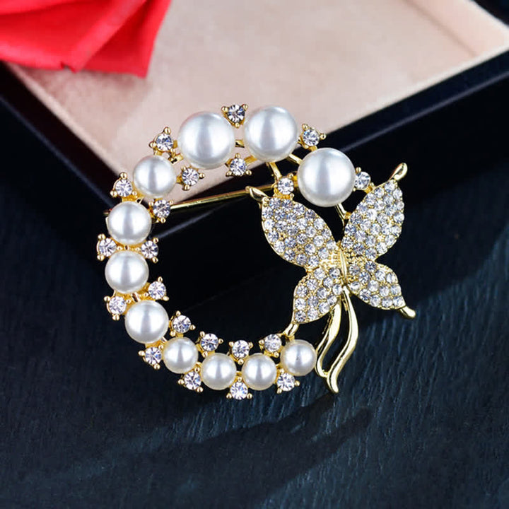 Women's Golden Butterfly Pearl Wreath Brooch