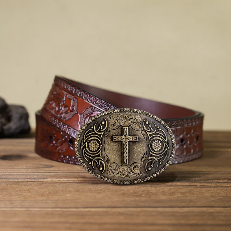 Men's DIY Faith Cross Floral Buckle Leather Belt