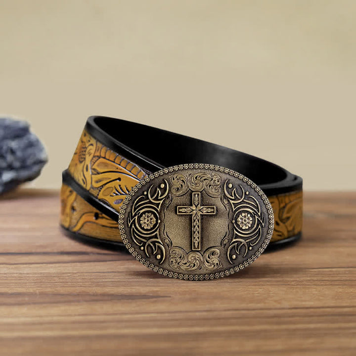 Men's DIY Faith Cross Floral Buckle Leather Belt