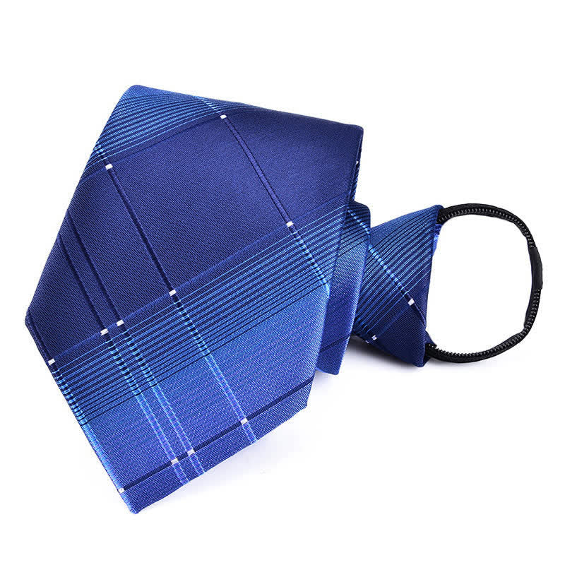 Men's Bussiness Zipper Tie Plaid Striped Necktie - Blue Plaid - image 12