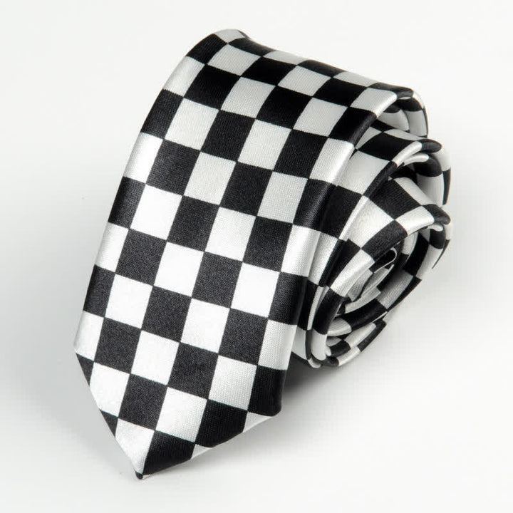 Men's Black & White Little Checks Dots Striped Necktie - Checkerboard - image 2