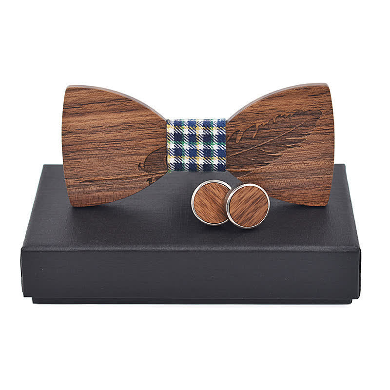 2Pcs Men's Feather Engraving Wooden Bow Tie Set