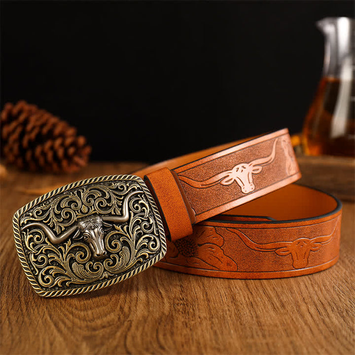 Men's Flower Square Bull Buckle Leather Belt