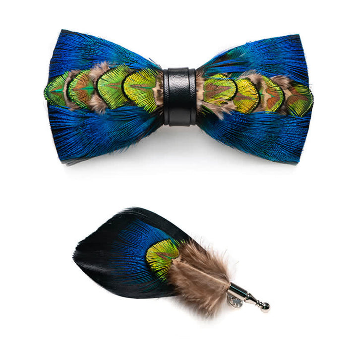 Blue & Green-yellow Feather Bow Tie with Lapel Pin