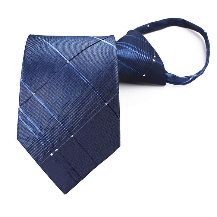 Men's Gradient Navy Blue Zipper Tie Plaid Necktie