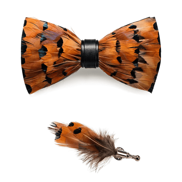 Tawny & Black Trim Feather Bow Tie with Lapel Pin