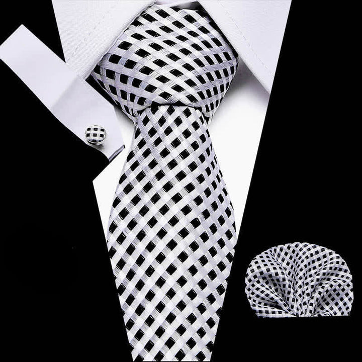 3Pcs Men's White & Black Woven Checked Necktie Set