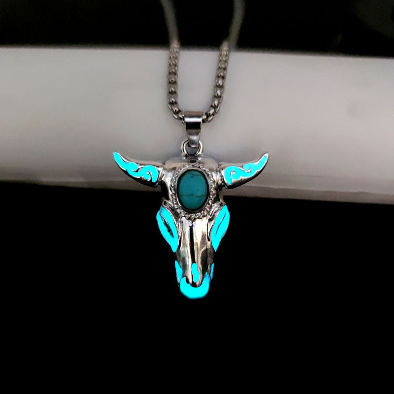 Men's Vintage Western Glow in the Dark Bull Skull Necklace - Teal - image 8
