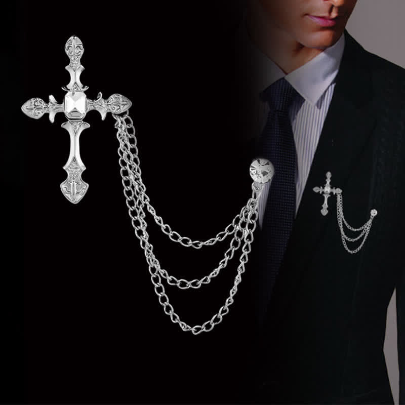 Men's Classic Cross Crystal Chain Brooch