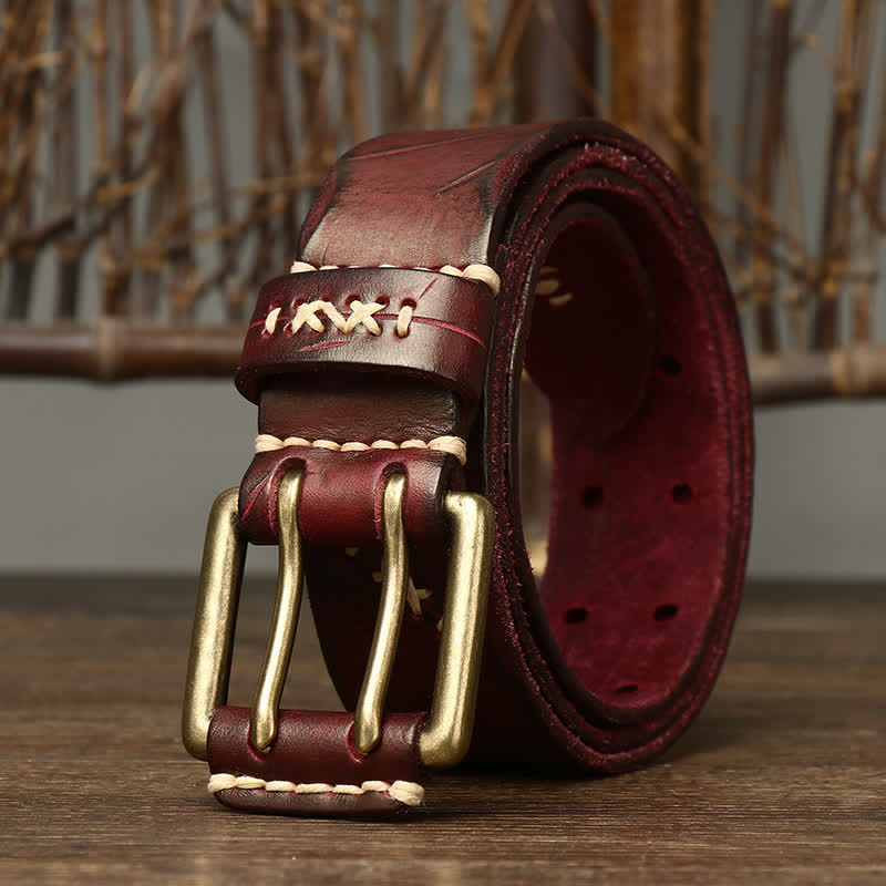 Men's Distressed Double Needle Buckle Leather Belt