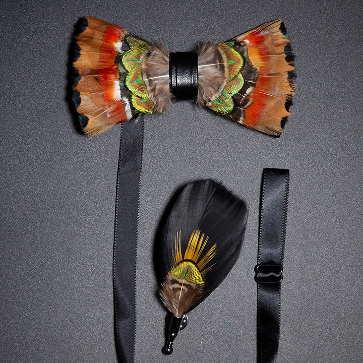 Orange Phoenix Feather Bow Tie with Lapel Pin