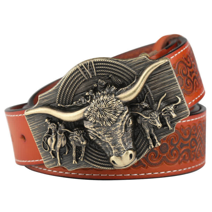 Men's Longhorn Bull Embossed Leather Belt - Orange / Bronze - 46 - image 13