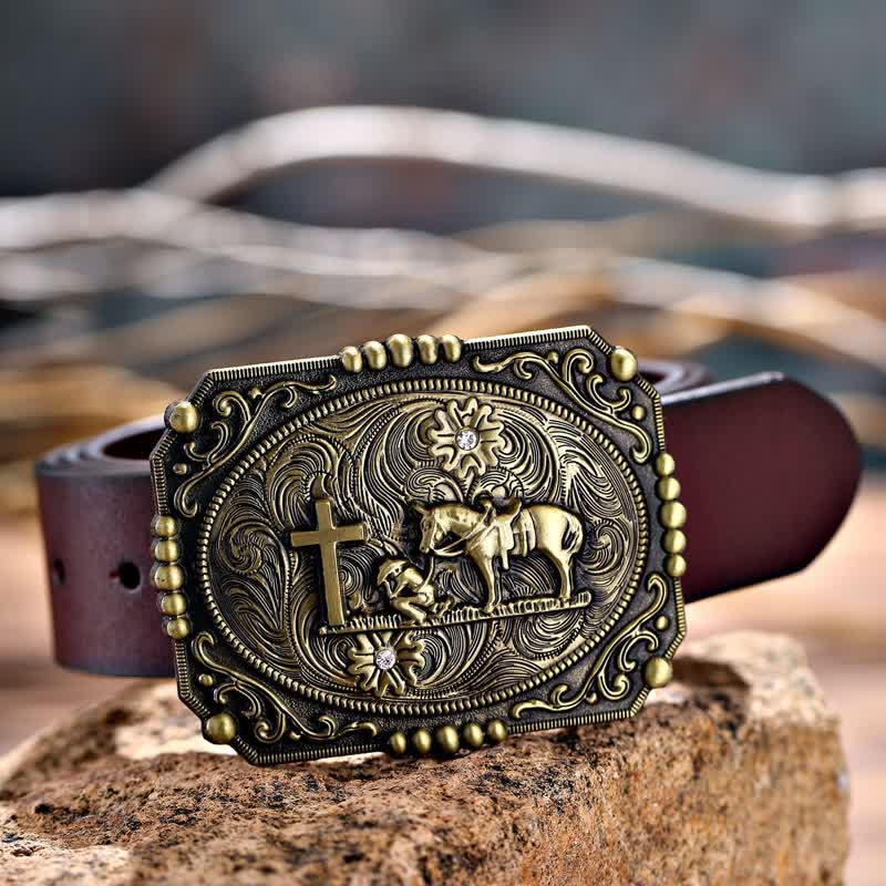 Men's DIY Horse Cross Kneeling Prayer Buckle Leather Belt