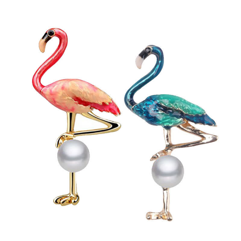 Women's Enameled Flamingo With Pearl Brooch