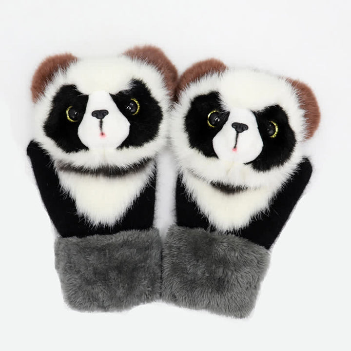 Women's Cute Animal Furry Mittens Gloves - Black Panda - image 2