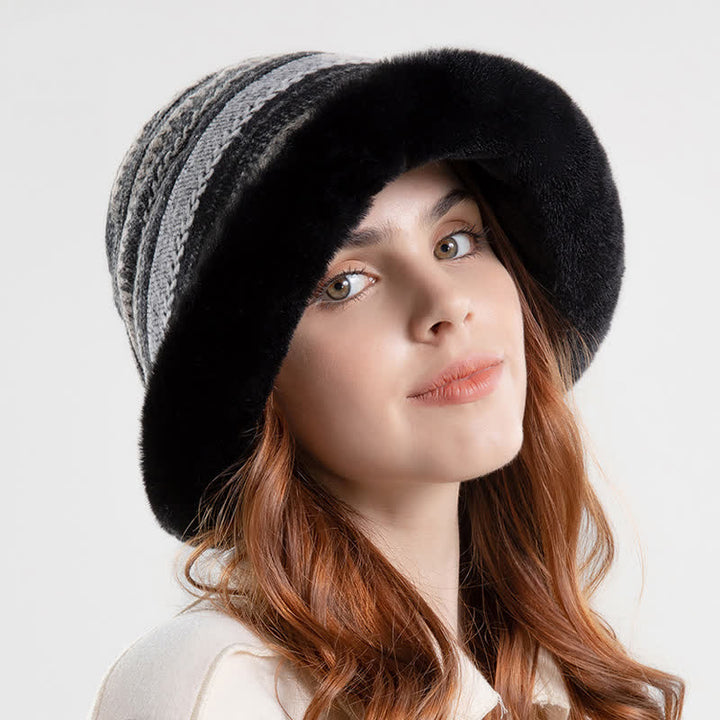 Women's Striped Warm Plush Brim Bucket Hat