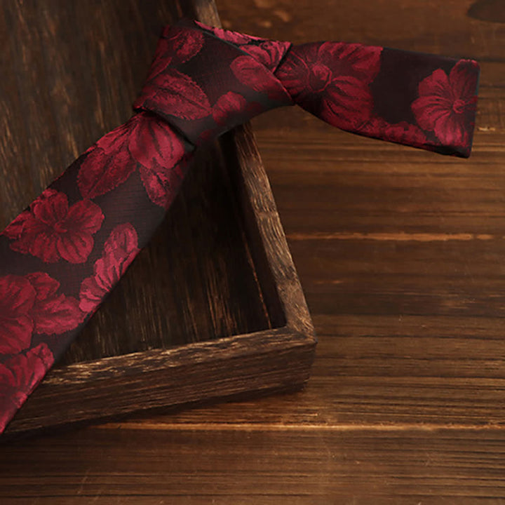 2Pcs Men's Burgundy Floral Necktie Set