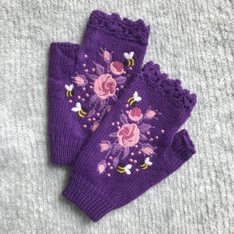 Women's Flower Embroidered Half Finger Knit Gloves