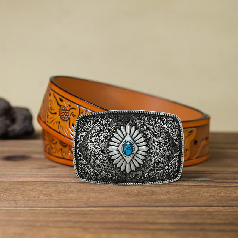 Men's DIY Square Turquoise Western Buckle Leather Belt