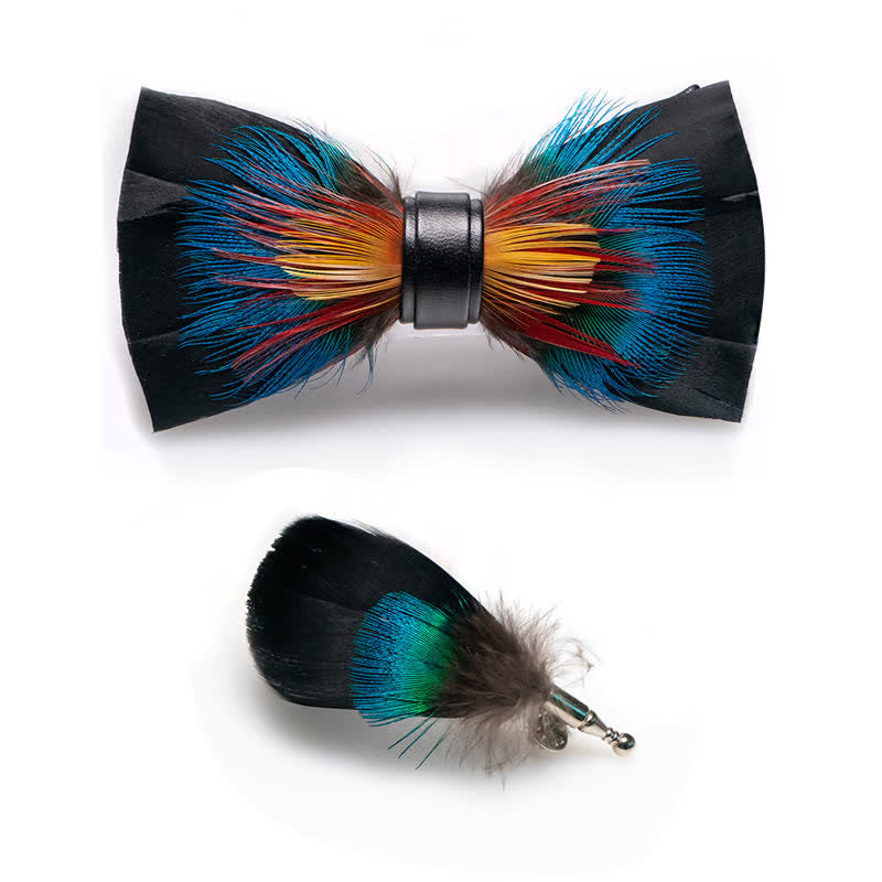 Kid's Black & Multicolored Blossom Feather Bow Tie with Lapel Pin