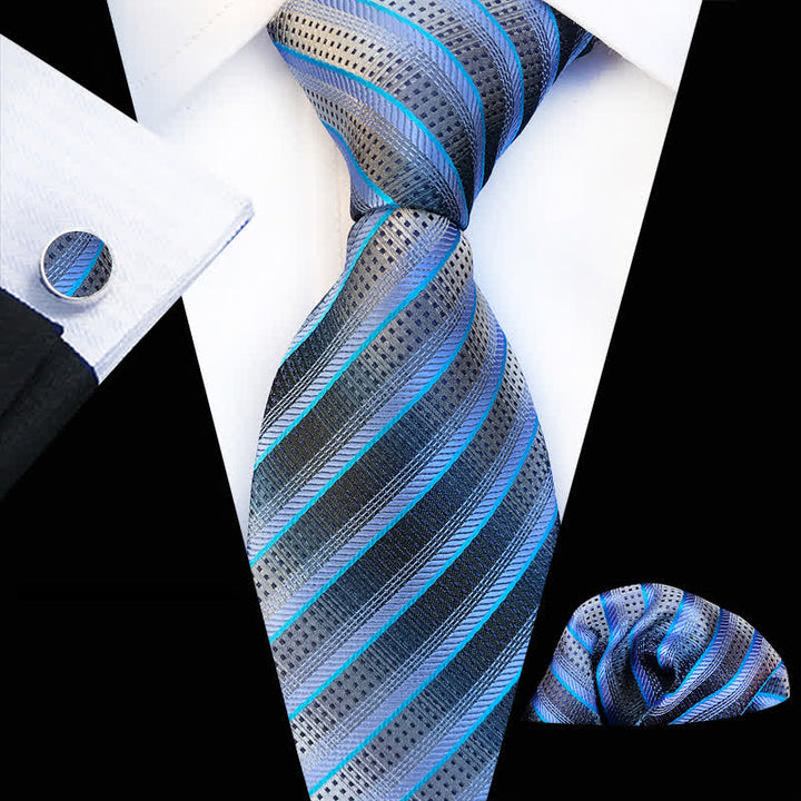 3Pcs Men's Modern Blue & Gray Striped Necktie Set