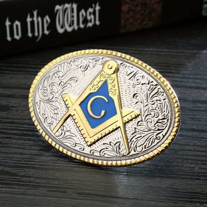 Men's DIY C-Shaped Masonic Oval Buckle Leather Belt