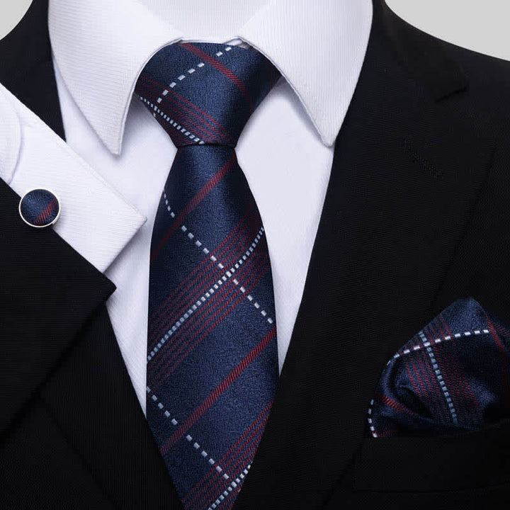 3Pcs Men's Deep Navy & Red Plaid Necktie Set