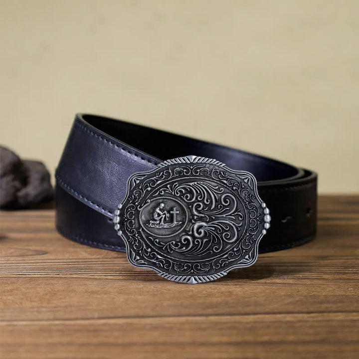 Men's DIY Engraved Floral Earnest Prayer Buckle Leather Belt