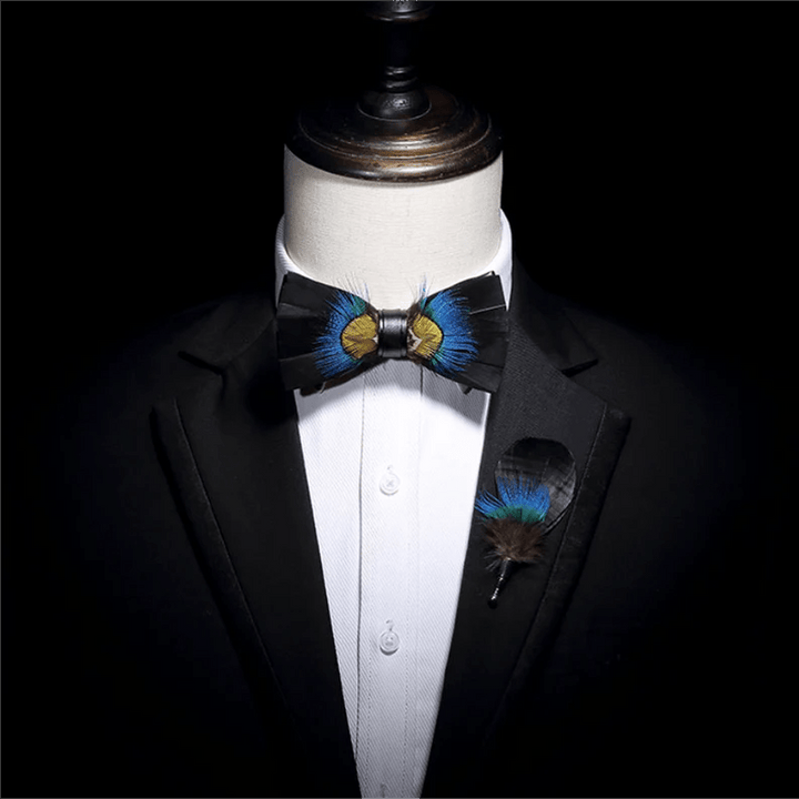 Blue & Black Pheasant Feather Bow Tie with Lapel Pin