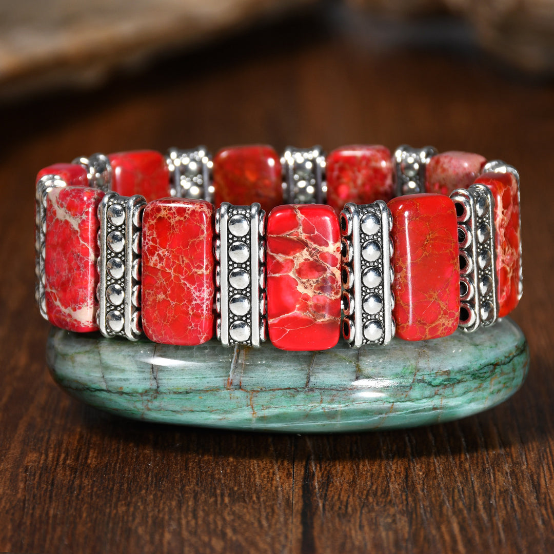 Vintage Boho Rectangle Emperor Stone Silver‑tone Panel Stretch Bracelet - Red - image 5