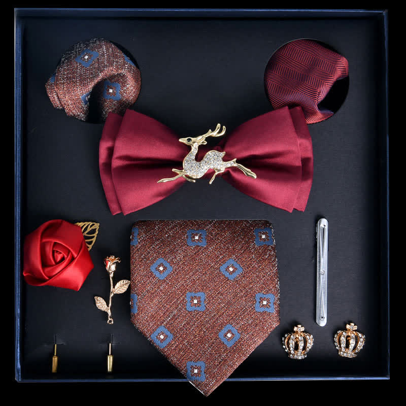8Pcs Red&Chocolate Luxury Noble Print Bow Ties Gift Box - Red&Chocolate - image 0