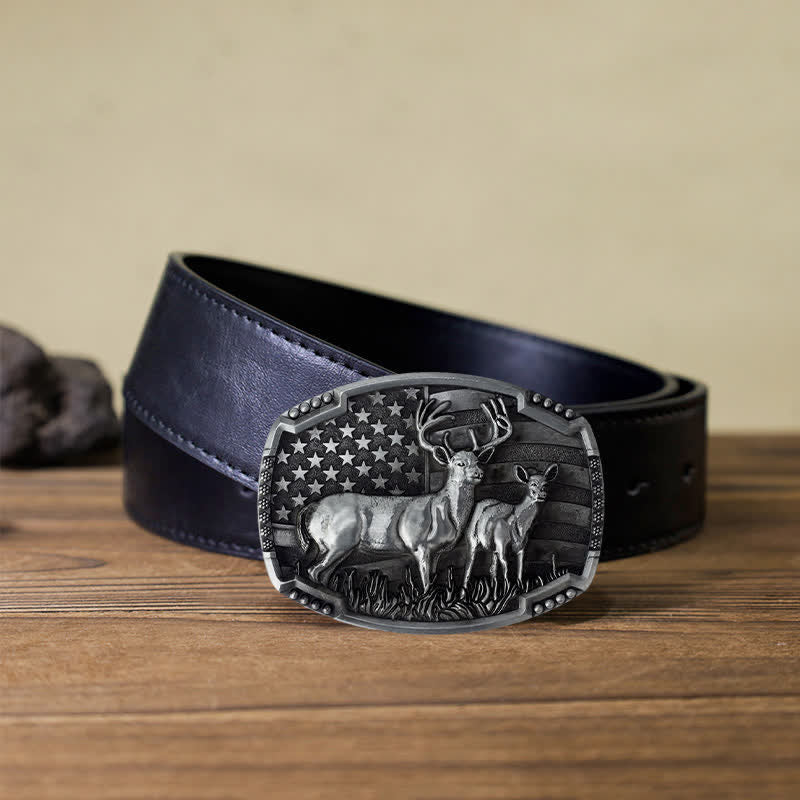 Men's DIY Deer Hunter American Flag Buckle Leather Belt