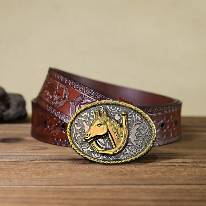 Men's DIY Golden Horseshoe Buckle Leather Belt