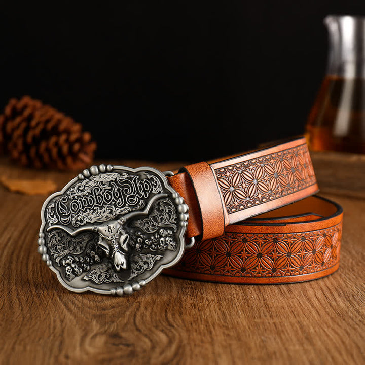 Men's Cowboy Gothic Skull Bull Leather Belt