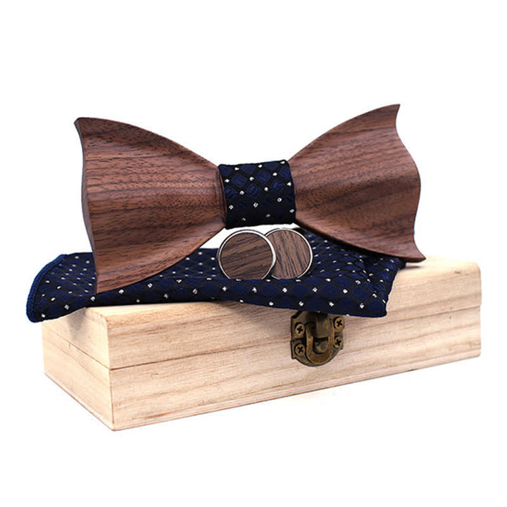 3Pcs Men's 3D Black Walnut Wooden Bow Tie Set